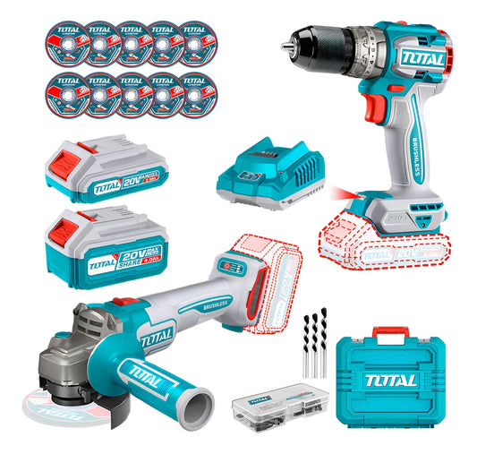 COMBO Inalámbrico TOTAL – Pulidora 1000W + Taladro 66Nm 20V 2 BATERIAS - 100% Original