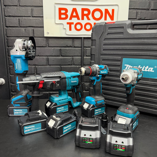 Combo tipo Makita 4 Herramientas Brushless 128V | Rotomartillo + Llave de Impacto + Taladro + Pulidora | 6 Baterías 5.0 Ah + 2 Cargadores | 6 Meses de Garantía