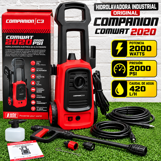 Hidrolavadora de Alta Presión Companion — 2000 PSI · 2000W · 420 L/h | 1 Año de Garantía