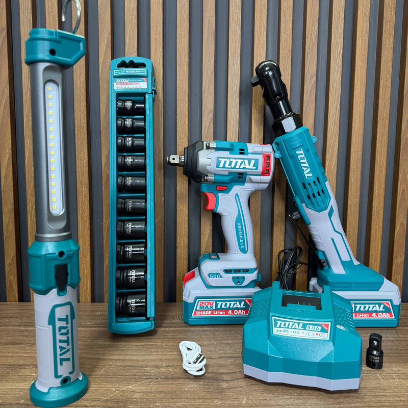 Combo Inalámbrico 3 en 1 TOTAL 20V Industrial — Impacto 500Nm + Ratchet + Lámpara foto 5