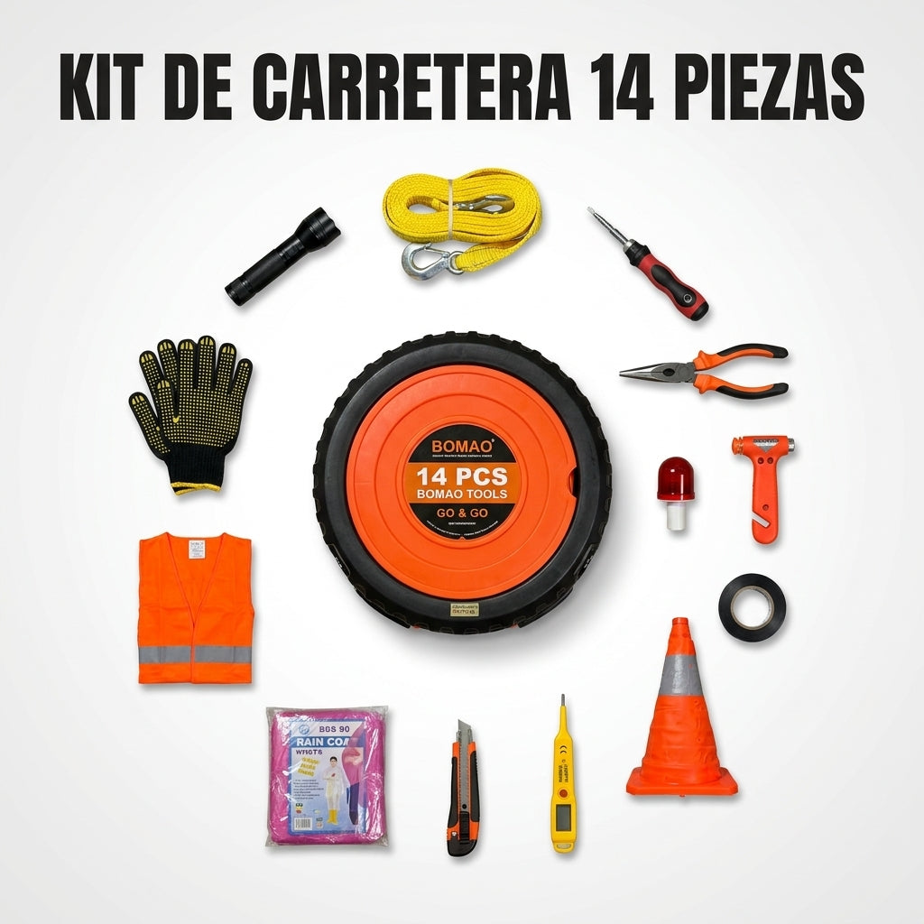 Kit de Carretera BOMAO 14 Piezas — Estuche Tipo Llanta - 1