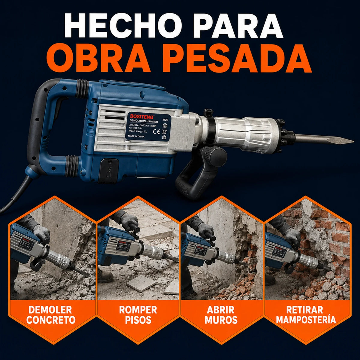 Demoledor Industrial BOSITENG Professional HEX-30 60 J — 1850 W con Maletín y 2 Cinceles | 1 Año de Garantía
