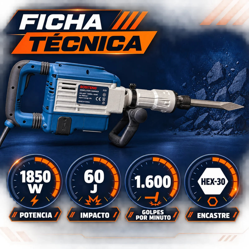 Demoledor Industrial BOSITENG Professional HEX-30 60 J — 1850 W con Maletín y 2 Cinceles | 1 Año de Garantía foto 5