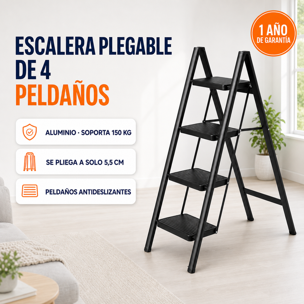 Escalera Plegable 4 Peldaños en Aluminio · Soporta 150kg · Antideslizante y Compacta · Garantía 1 año - 1