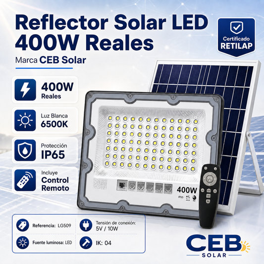 Reflector solar CEB 400W reales, certificado RETILAP, specs