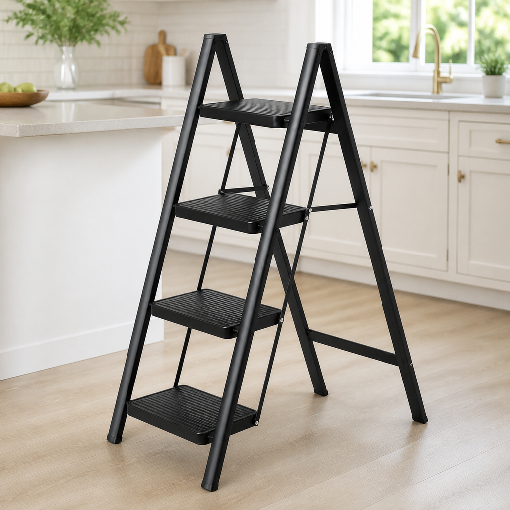 Escalera Plegable 4 Peldaños en Aluminio · Soporta 150kg · Antideslizante y Compacta · Garantía 1 año - en uso