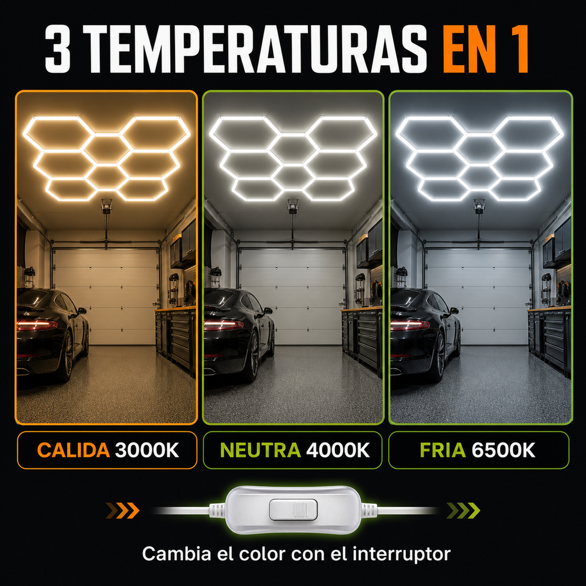 Luces LED Hexagonales · 5 Hexágonos · 3 Colores (3000K/4000K/6500K) · Detailing, Taller y Gimnasio · Garantía 1 año - 6