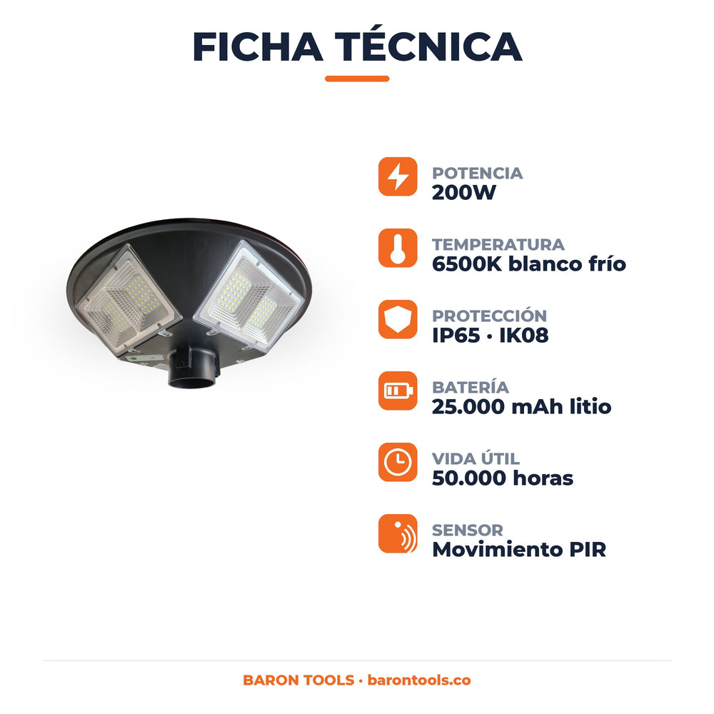 Lámpara Solar UFO 200W · 3 Panel integrado· Control Remoto y Sensor de Movimiento · IP65 · Garantía 1 año - 8