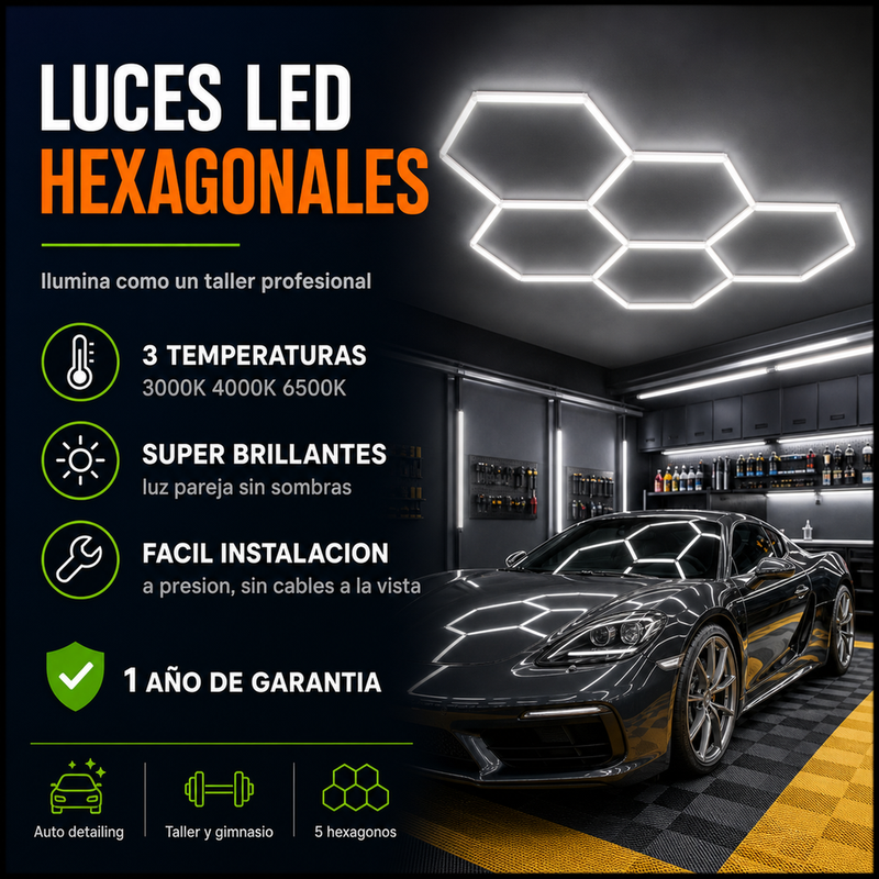 Luces LED Hexagonales · 5 Hexágonos · 3 Colores (3000K/4000K/6500K) · Detailing, Taller y Gimnasio · Garantía 1 año foto 1