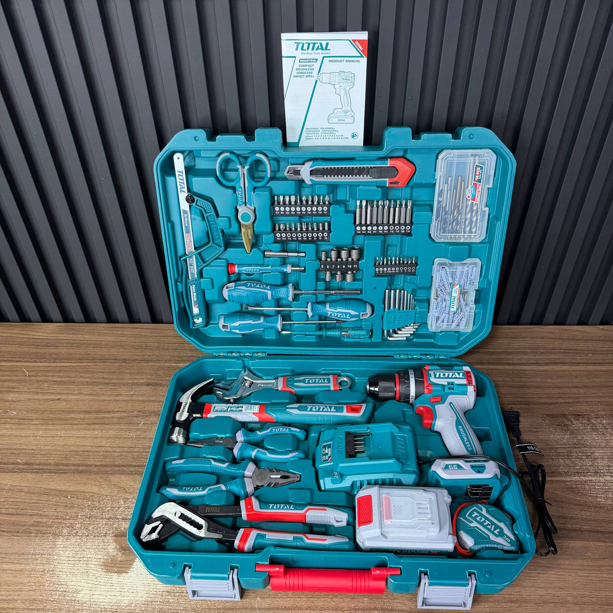 Kit de Herramientas TOTAL 166 Piezas con Taladro Brushless 20V - Kit completo