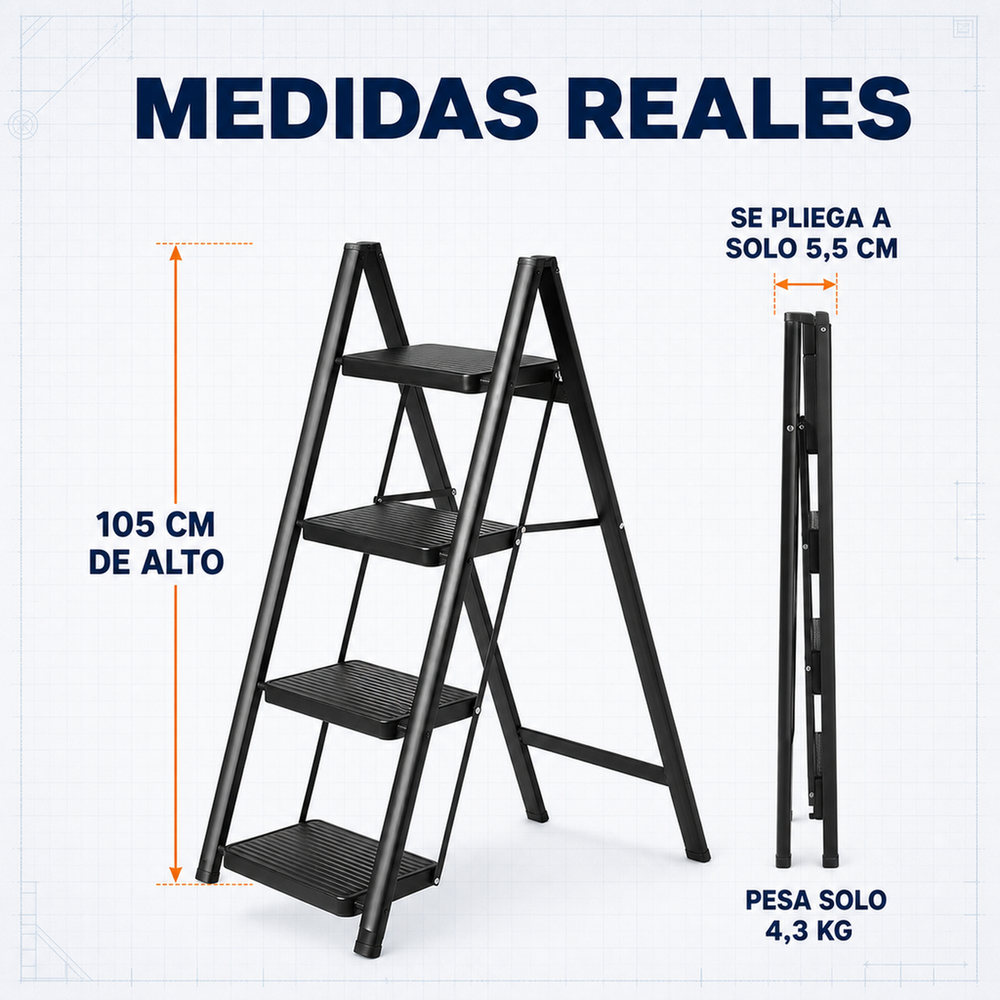 Escalera Plegable 4 Peldaños en Aluminio · Soporta 150kg · Antideslizante y Compacta · Garantía 1 año - 8