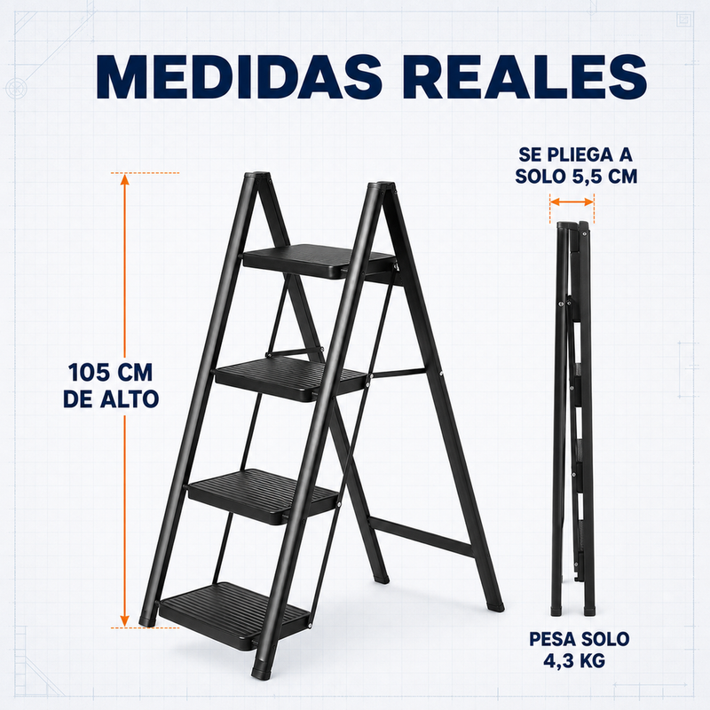 Escalera Plegable 4 Peldaños en Aluminio · Soporta 150kg · Antideslizante y Compacta · Garantía 1 año foto 8