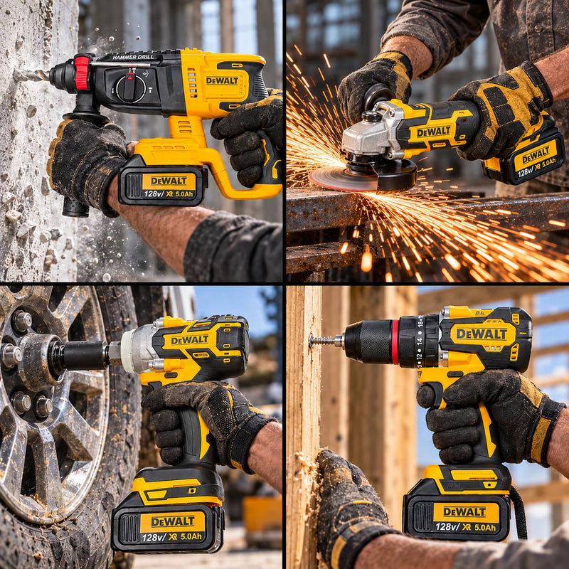 Combo DeWALT 4 Herramientas Brushless 128V | Rotomartillo + Llave de Impacto + Taladro + Pulidora | 6 Baterías 5.0 Ah + 2 Cargadores foto 2