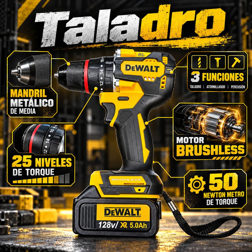 Combo DeWALT 4 Herramientas Brushless 128V | Rotomartillo + Llave de Impacto + Taladro + Pulidora | 6 Baterías 5.0 Ah + 2 Cargadores - 10