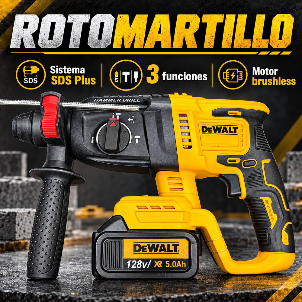 Combo DeWALT 4 Herramientas Brushless 128V | Rotomartillo + Llave de Impacto + Taladro + Pulidora | 6 Baterías 5.0 Ah + 2 Cargadores - 7