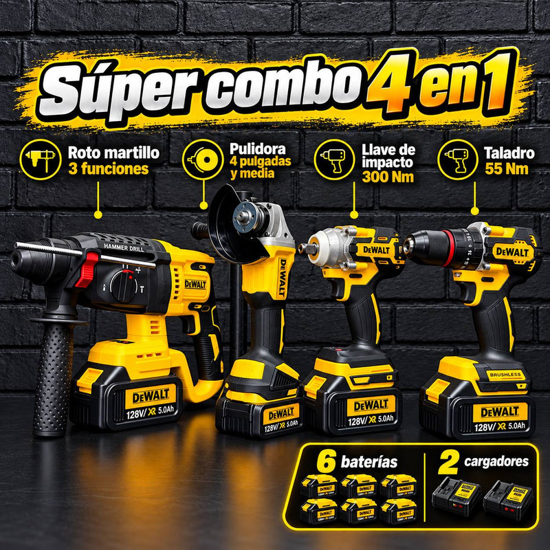 Combo DeWALT 4 Herramientas Brushless 128V | Rotomartillo + Llave de Impacto + Taladro + Pulidora | 6 Baterías 5.0 Ah + 2 Cargadores foto 1