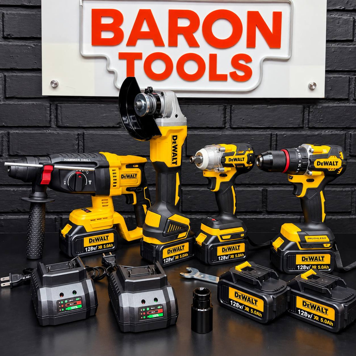 Combo DeWALT 4 Herramientas Brushless 128V | Rotomartillo + Llave de Impacto + Taladro + Pulidora | 6 Baterías 5.0 Ah + 2 Cargadores - Kit completo