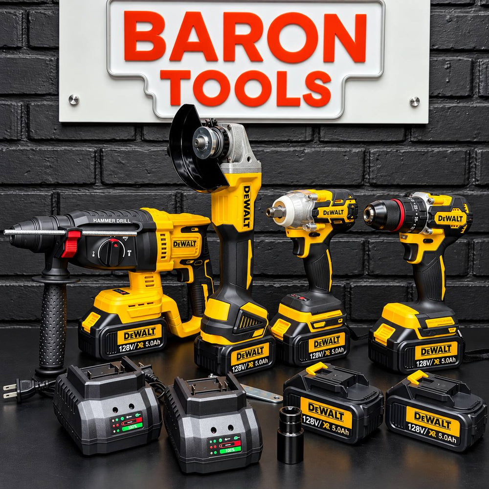 Combo DeWALT 4 Herramientas Brushless 128V | Rotomartillo + Llave de Impacto + Taladro + Pulidora | 6 Baterías 5.0 Ah + 2 Cargadores - 5