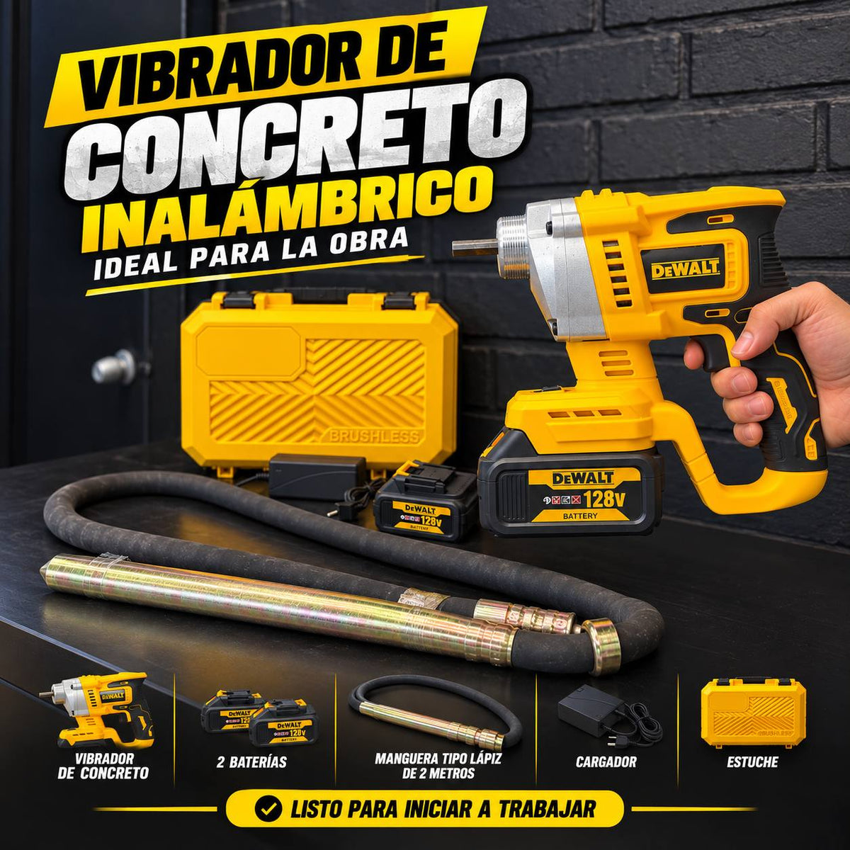 Vibrador de Concreto Inalámbrico DeWALT Brushless 3.500 RPM | 2 Baterías 128V | Manguera de 2 m | 1 Año de Garantía - en uso
