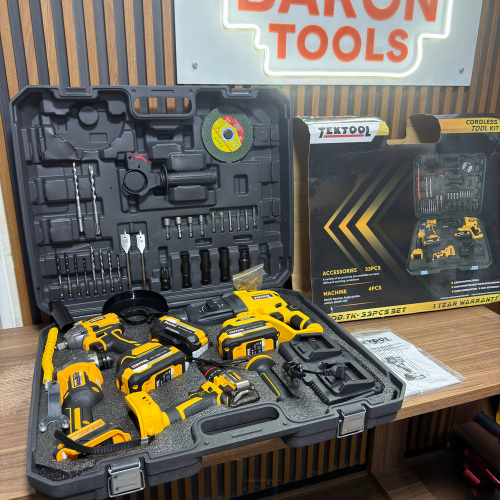 Combo TEKTOOL 4 Herramientas Brushless 21V: Llave Impacto + Rotomartillo + Taladro + Pulidora + 33 Accesorios - BM - vista 2