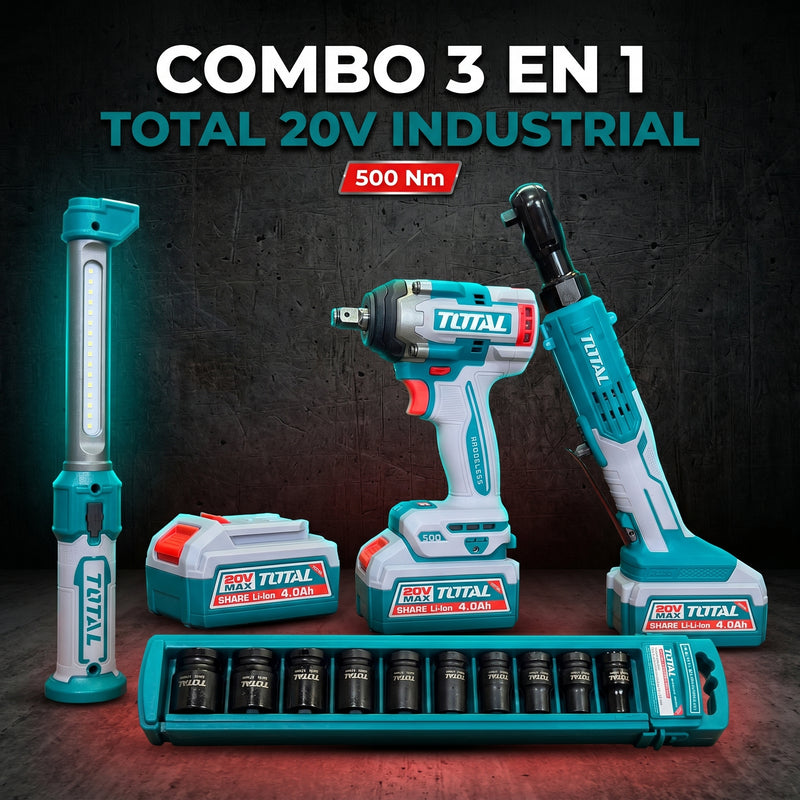 Combo Inalámbrico 3 en 1 TOTAL 20V Industrial — Impacto 500Nm + Ratchet + Lámpara foto 1