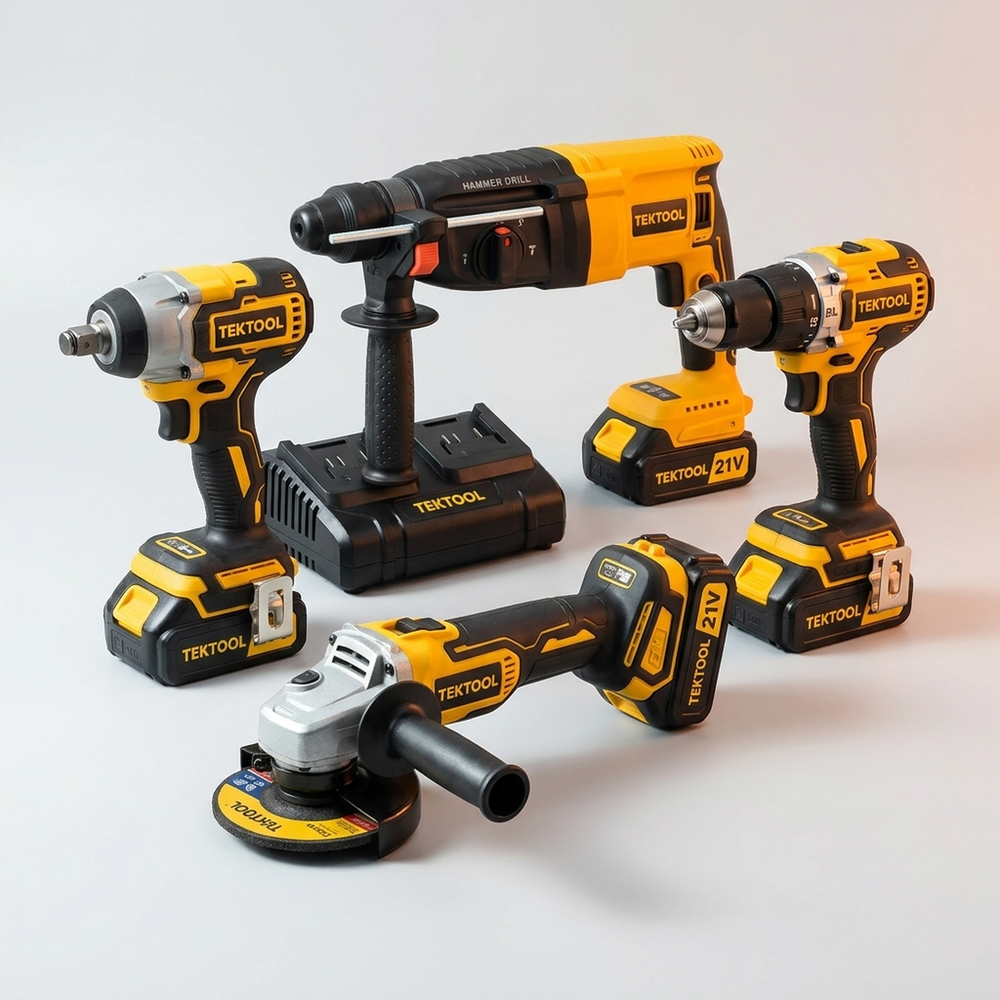 Combo TEKTOOL 4 Herramientas Brushless 21V: Llave Impacto + Rotomartillo + Taladro + Pulidora + 33 Accesorios - BM - vista 3