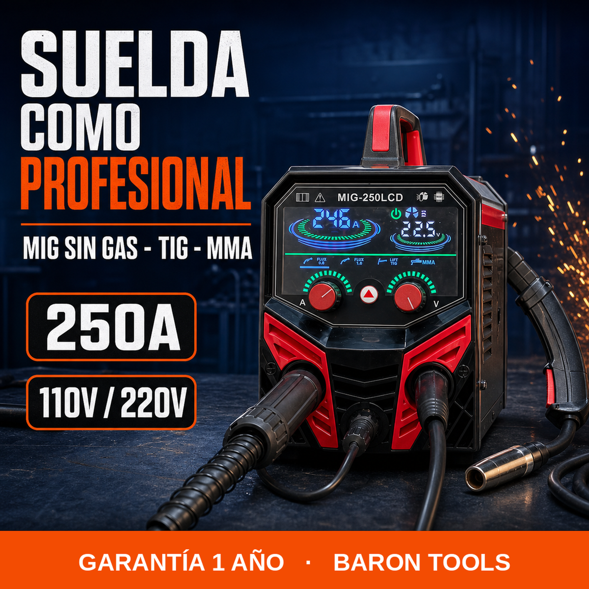 Soldadora Inversora TEKTOOL MIG-250 LCD 250A — MIG sin gas · TIG · MMA - 1