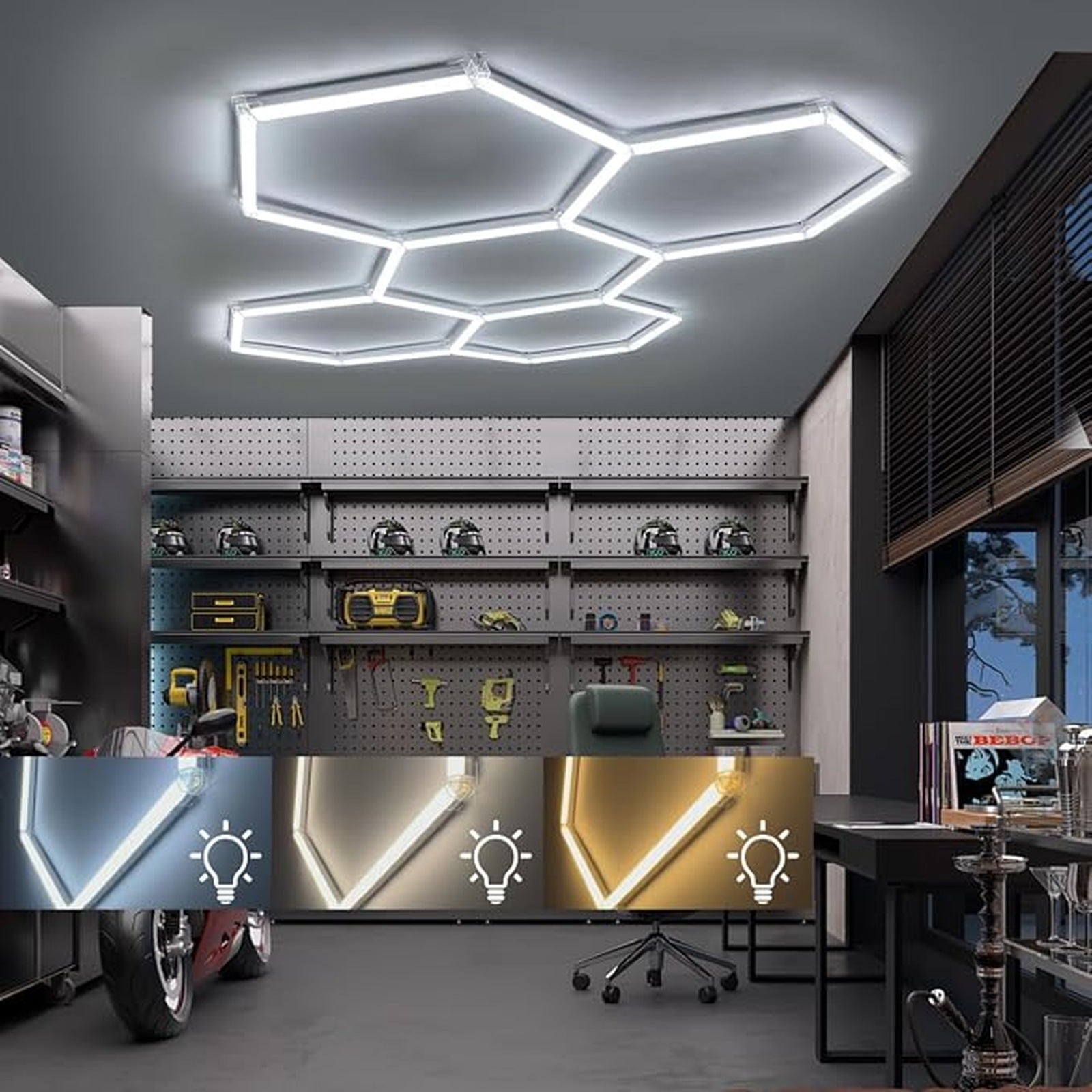 Luces LED Hexagonales · 5 Hexágonos · 3 Colores (3000K/4000K/6500K) · Detailing, Taller y Gimnasio · Garantía 1 año