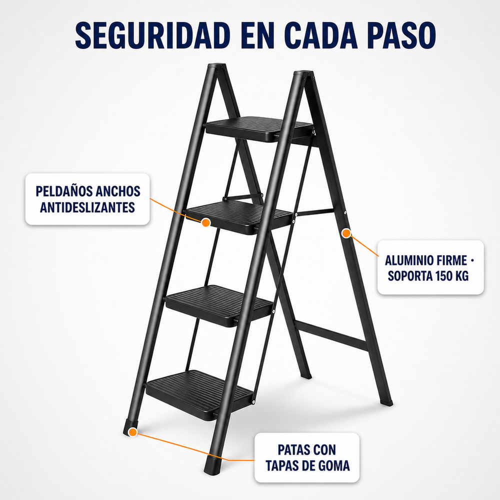 Escalera Plegable 4 Peldaños en Aluminio · Soporta 150kg · Antideslizante y Compacta · Garantía 1 año - 6