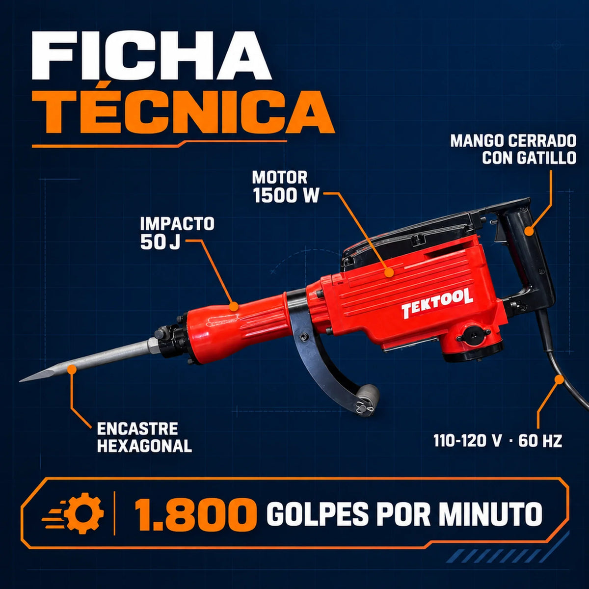 Demoledor Cango TEKTOOL TK-6504 Rojo | 50 Joules | 1500 W | Maletín y 2 Cinceles | 1 Año de Garantía - Kit completo