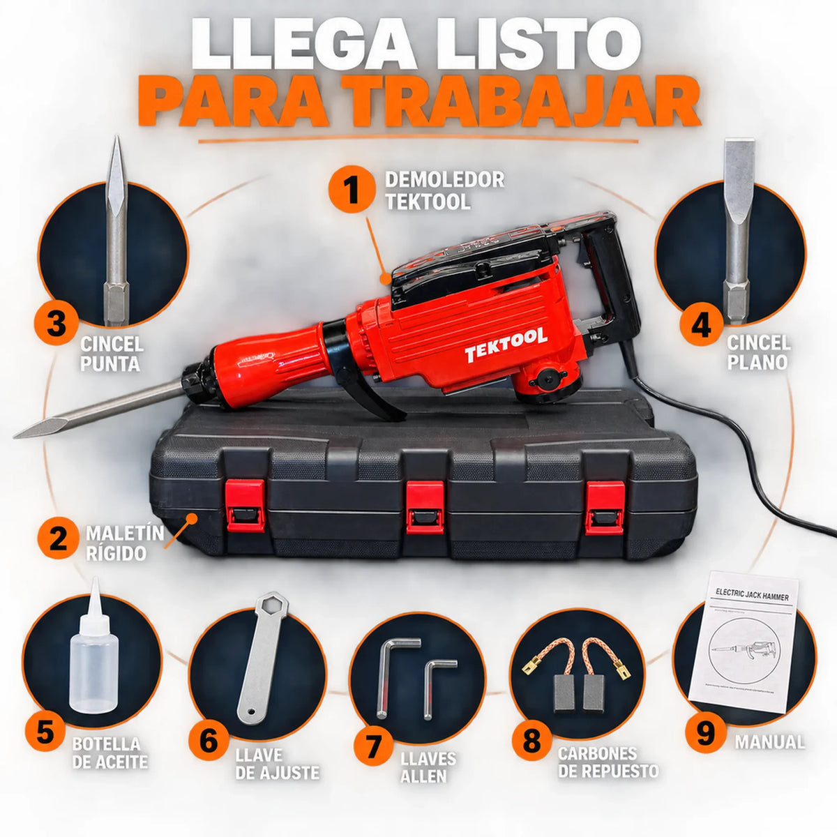 Demoledor Cango TEKTOOL TK-6504 Rojo | 50 Joules | 1500 W | Maletín y 2 Cinceles | 1 Año de Garantía - en uso