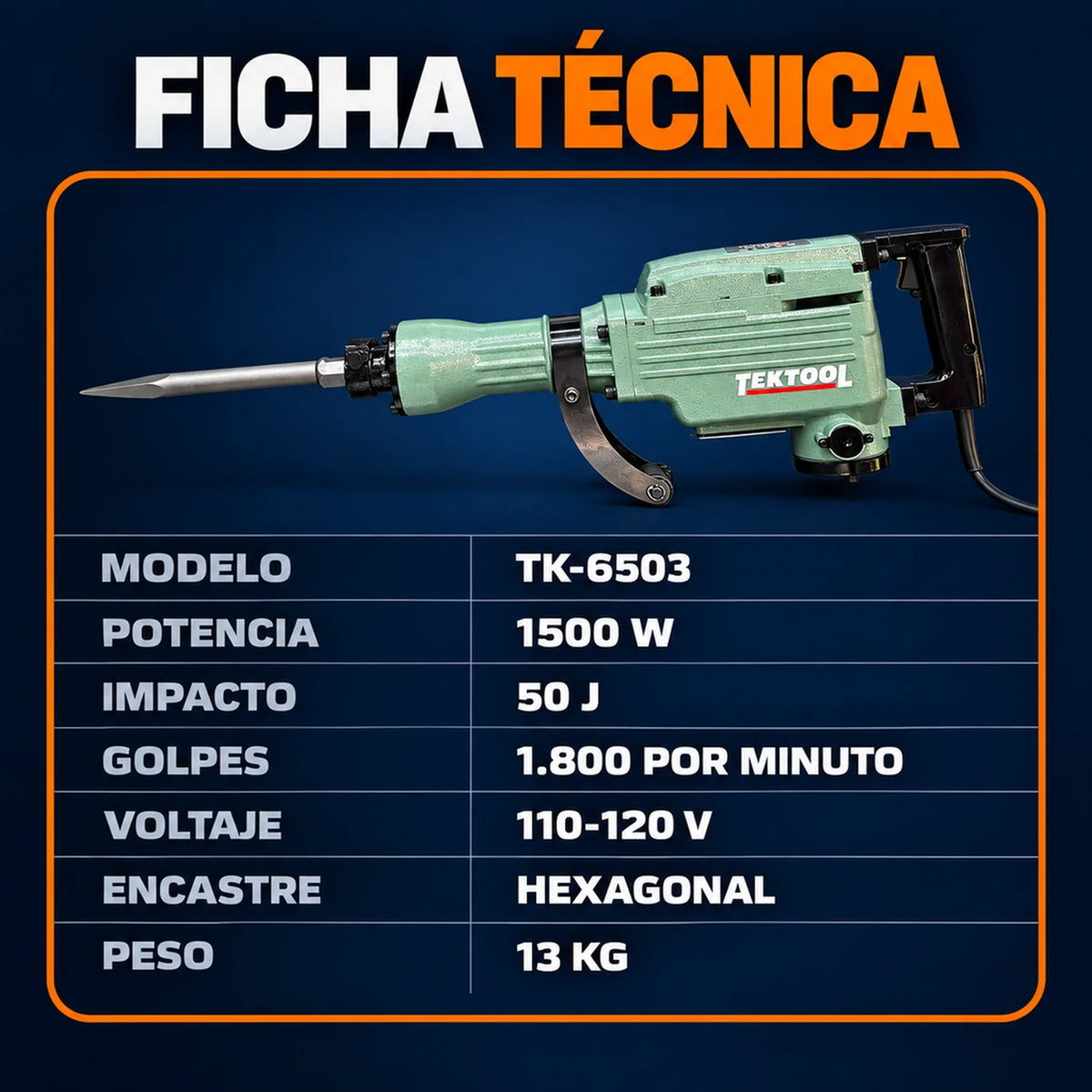 Demoledor Cango TEKTOOL TK-6503 Verde | 50 Joules | 1500 W | Maletín y 2 Cinceles | 1 Año de Garantía - Kit completo