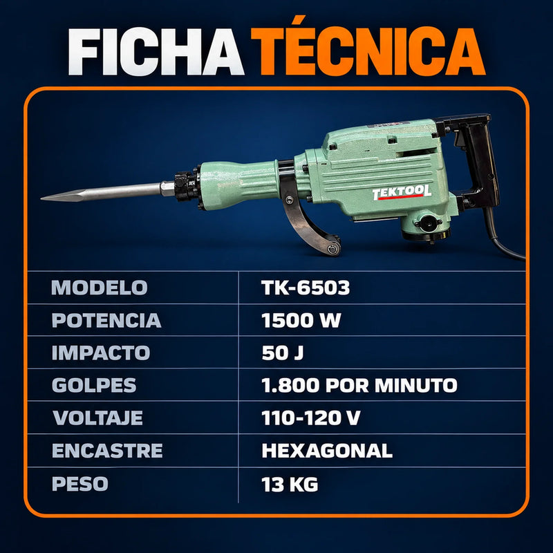 Demoledor Cango TEKTOOL TK-6503 Verde | 50 Joules | 1500 W | Maletín y 2 Cinceles | 1 Año de Garantía foto 3