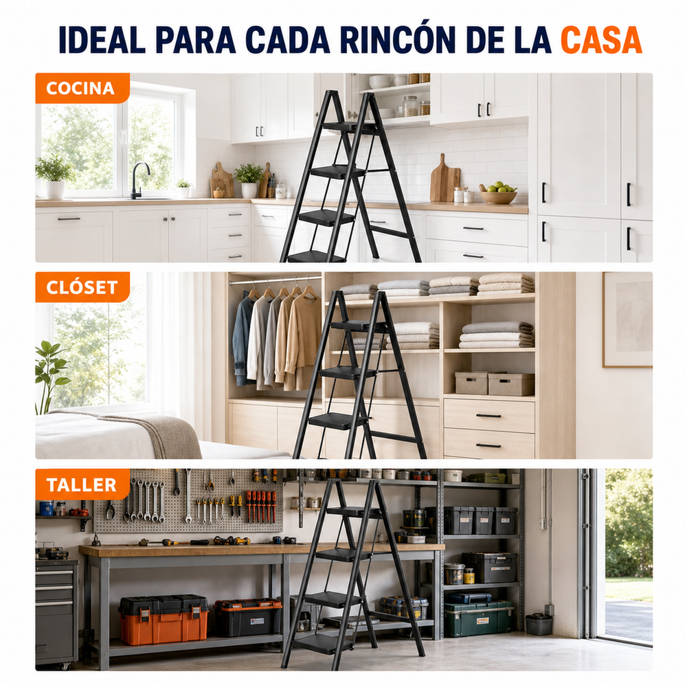 Escalera Plegable 4 Peldaños en Aluminio · Soporta 150kg · Antideslizante y Compacta · Garantía 1 año - 5